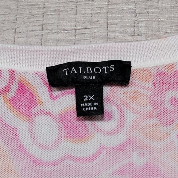 Talbots Paisley Cardigan Button Up Knit Sweater 2X Pink Crew Neck Preppy Classic - Picture 3 of 6